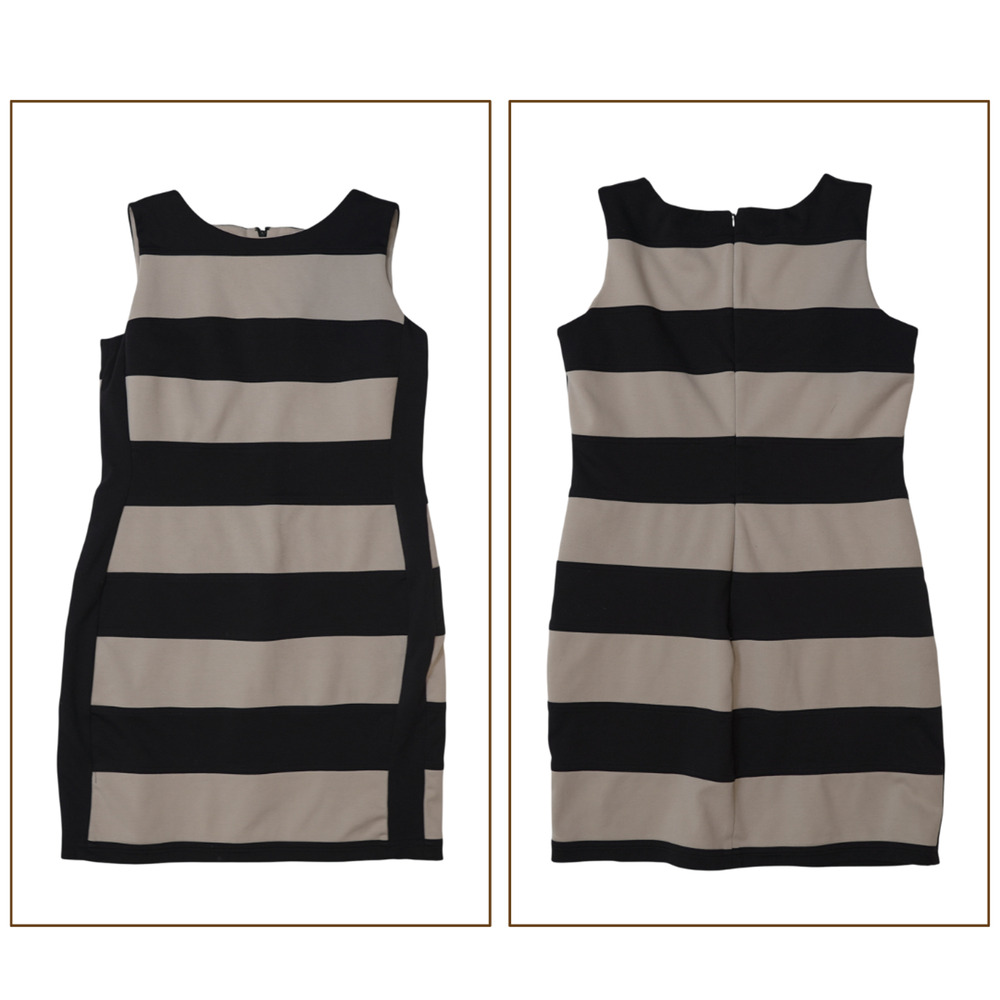 Calvin Klein Dress Sz 12 Black Beige Striped Sleeveless Crew Neck Corpcore Chic